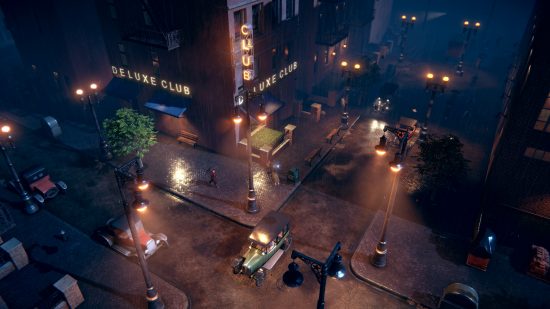 Best tycoon games: Chicago at night, characterised by hansom cabs, dim streetlights and a deluxe nightclub with neon signage in Empire of Sin.