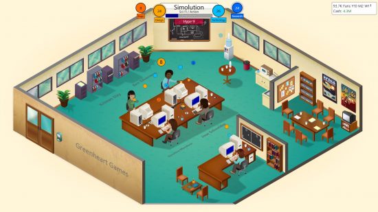 Melhores jogos de magnatas: uma coleção de desenvolvedores de jogos sentados em torno de mesas em um pequeno escritório em Game Dev Tycoon, um jogo SIM de gerenciamento tematicamente apropriado
