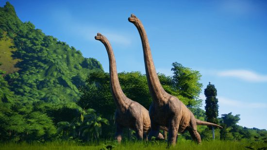 Best tycoon games: Two brachiosaurs roaming a lush, verdant plain in Jurassic World Evolution 2.