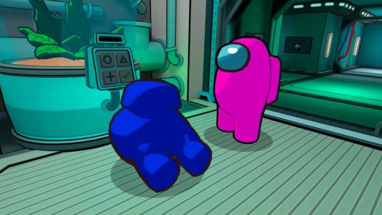 Permainan VR Terbaik - Seorang anggota krew merah jambu berdiri di atas mayat yang dipenggal dari Blue Crewmember berdiri di hadapan panel. Ia