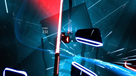 Best VR games - slicing a cube in two in Beat Saber. Blue boxes are cut with the blue sword while the red ones are sliced are red.