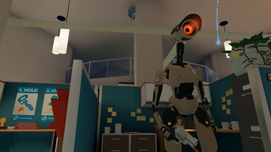 Best VR games - one of the robots patrolling the office with a pistol in Budget Cuts. Its red beady eye is unblinking, always watching.