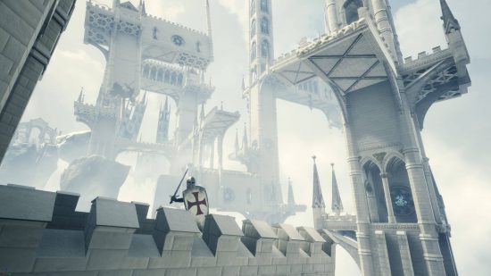 Best VR games - a knight from In Death that's standing alert on a pale castle walls.