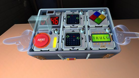 Best VR games - The bomb in Keep Talking and Nobody Explodes. The person controlling the bomb looks like they're about to press the Abort button.