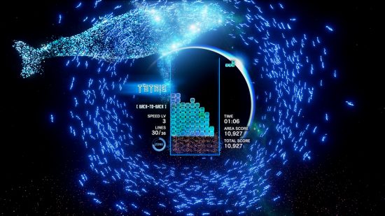 Najlepsze gry VR - ławice ryb otacza deskę Tetris w efekcie Tetris