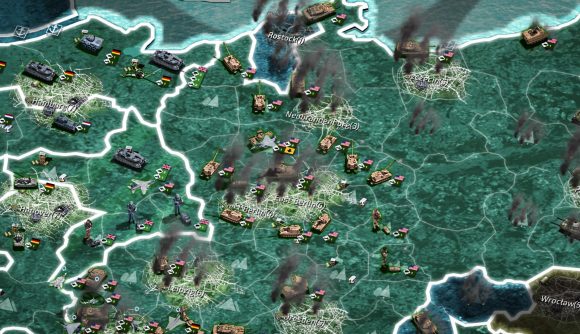 Best war games: Conflict of Nations. Image shows a large map covered in modern day military vehicles.