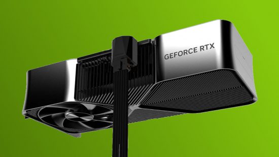 An Nvidia GeForce RTX 4090 GPU with a CableMod 12VHPWR Right Angle Adapter attached to it, against a two-tone green background