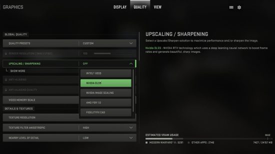 Modern Warfare 2 best settings performance benchmarks: The visual page detailing the upscaling options