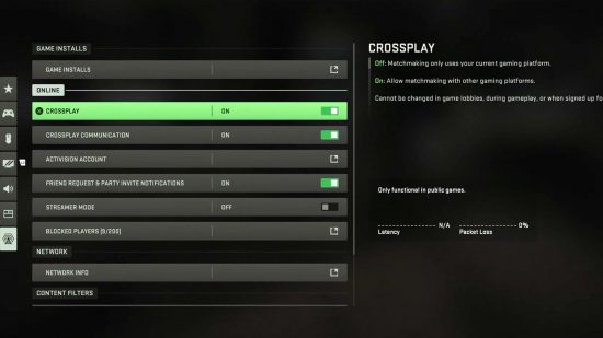 Call of Duty Modern Warfare 2 crossplay and cross-platform progression: The Network and Accounts menu in Modern Warfare 2 beta, showing crossplay options