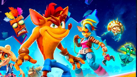 Crash Bandicoot 4 system requirements: game artwork with Crash, Tawna, Aku Aku, and other masks on blue backdrop