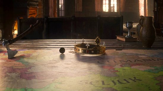 Кръстоносец крале 3 Следващо разширение: Корона и монета седят на карта, разпространена на маса в богато обзаведена стая, а брадва е потънала в повърхността на масата вляво
