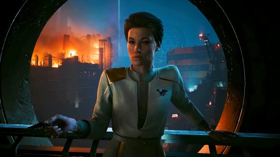 Cyberpunk 2077 sequel: A Corpo woman in an authoritarian uniform stands in front of a circular window, through which we can see a large building being consumed by fire