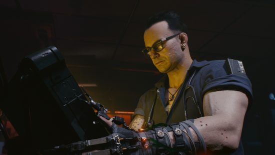 Cyberpunk 2077 Steam reviews: A ripperdoc reads from a screen with a heavy metal bezel
