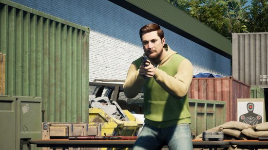 Dead Matter early access: A mustachioed man in a sweatshirt aims a pistol while standing between shipping containers set up around a firing range