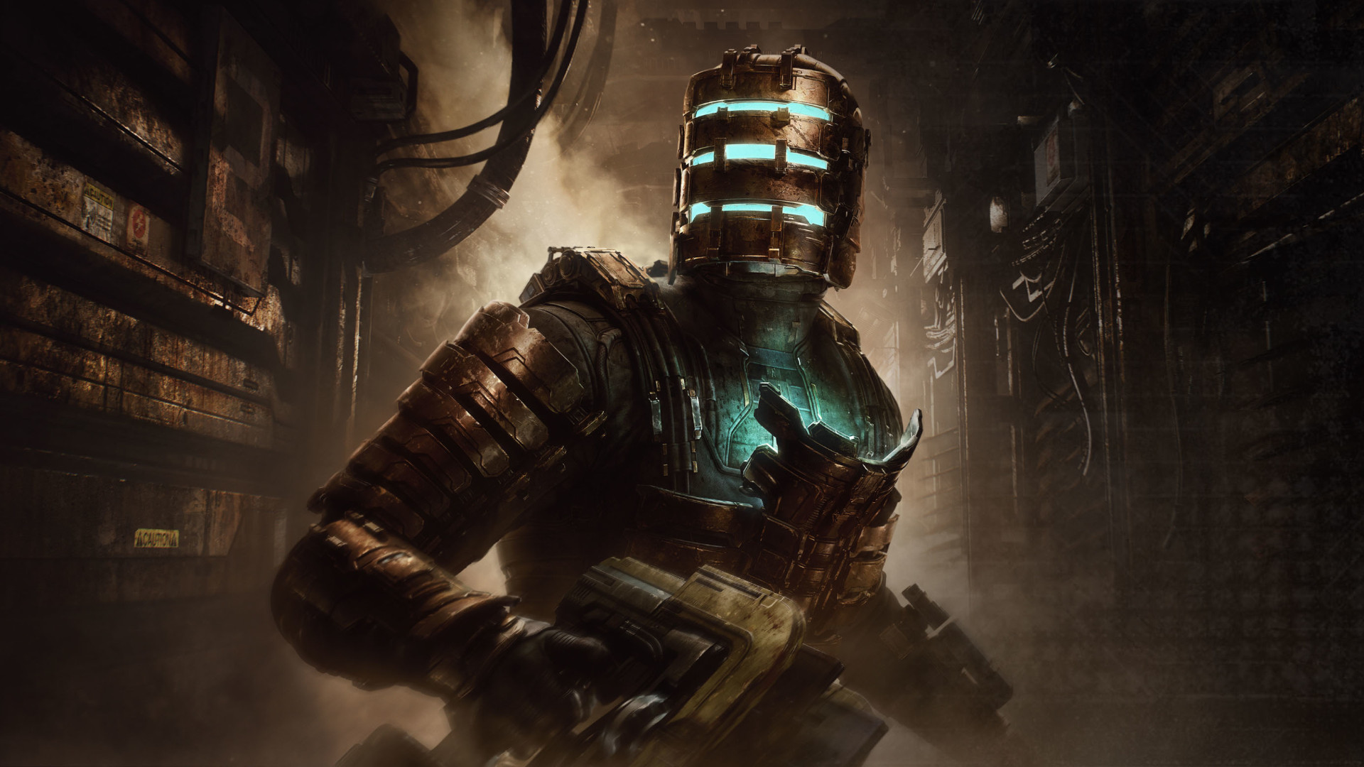 Dead Space protagonist Isaac Clarke, in the shadowy depths of the USG Ishimura