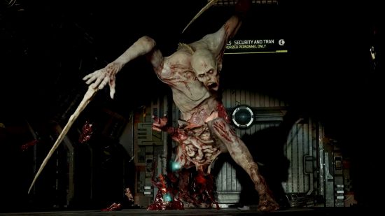 Dead Space remake peeling system: A misshapen mutant necromorph with its head nauseatingly dislocated and protruding from the left side of its chest