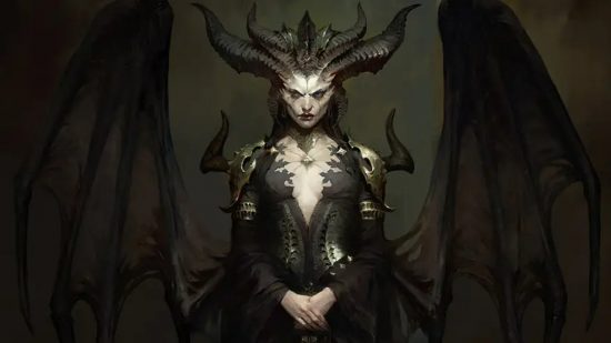Diablo 4 beta is downloadable right now: A woman with horns and hue black bat wings stands with her hand crossed