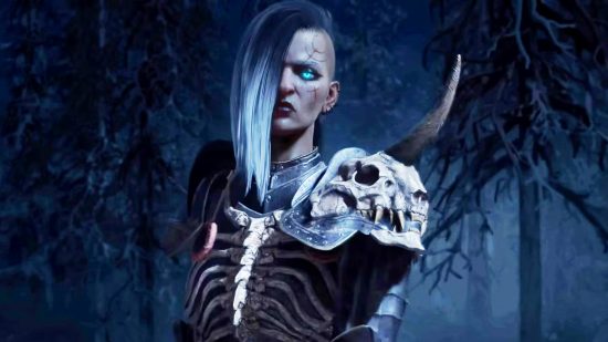 Diablo 4 endgame beta invites are coming, leaks Blizzard president: A pale woman with shaven black and white hair and a tattoo on her head glares into the camera wearing worn skeletal armour