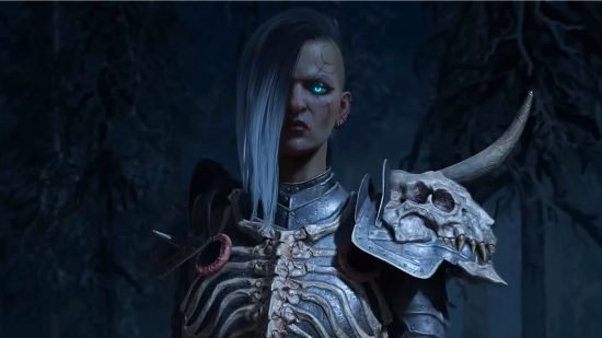 Diablo 4 skills - the necromancer, a figure in bone armour with long hair swept down one side of their face and a glowing blue eye