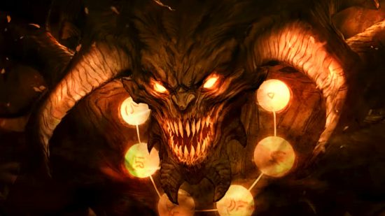 Diablo Immortal inactive clans - a shadowy demonic figure with horns, sharp teeth, glowing eyes, and glowing orbs in a ring around its neck