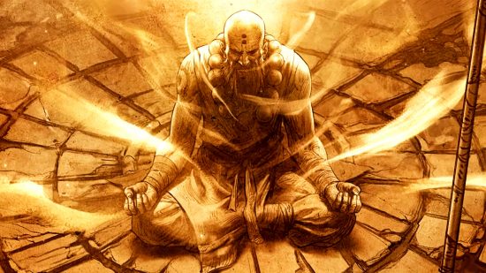 Diablo Immortal players going AFK - a monk sitting cross-legged on the ground on a circle of stone slabs