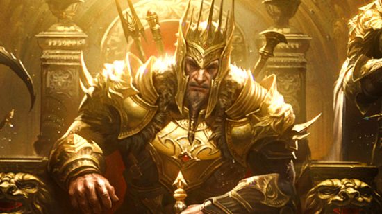 Diablo Immortal PvP AFK players - a man with a long beard sits on a throne in golden armour and a gold helmet with tall crowning spikes