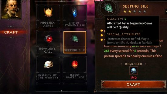 Diablo Immortal - screen showing the legendary gem crafting process using Telluric Pearls, with a selection of gems on offer, each of which can be crafted with 2-star quality and a maximum 5-star potential.
