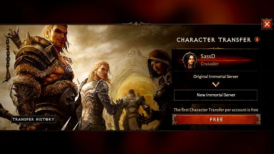 Diablo Immortal patch notes - update 1.6.2 - character server transfer screen, showing the process of moving a player to a new server