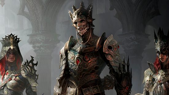 Diablo Immortal update patch notes - new Halloween 'Waltz Macabre' cosmetic set: three figures clad in ornate, grim, skeletal armour with set rubies and black veils