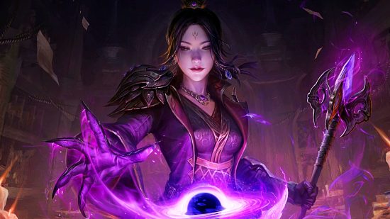 Diablo Immortal update - a sorceress looks down at a glowing purple orb, her right hand outstreched towards it as energy sears off from the edges