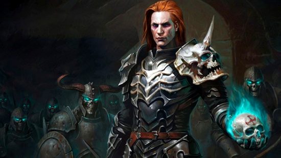 Lista de niveles de Diablo Immortal: el Nigromante sostiene una calavera azul brillante frente a un ejército de esqueletos con ojos brillantes
