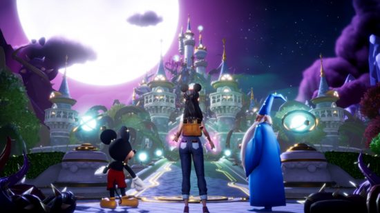 Best Disney games Dreamlight Valley: The player character, Mickey, and Merlin stand in front of the Dream Castle under the night's sky
