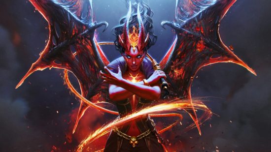 Dota 2 Bloodthorn is the MOBA's strongest weapon - kind of: A demonic woman with huge bat wings and curling black horns holds a firey whip staring menacingly into the camera with her arms folded