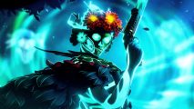 Dota 2 new hero Muerta - a lady with a skull-faced mask, glowing bright cyan from her eyes and body, holding an old-fashioned pistol and wearing a long cape made of feathers and a flower-adorned hat