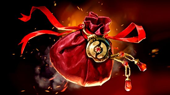Dota 2 TI2022 Swag Bag - free giveaway bundle - a small red pouch with a golden Aegis on the red ribbons sealing it
