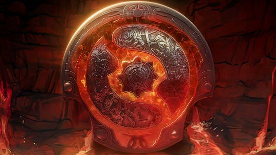 Dota 2 TI 2022 viewership hits rock bottom, and fans blame Valve: A red, circular stone statue with Celtic markings and lava sits in a glowing red cavern