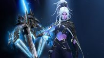 A dark elf archer with purple skin and white hair in a ponytail stands with a huge crossbow to her right