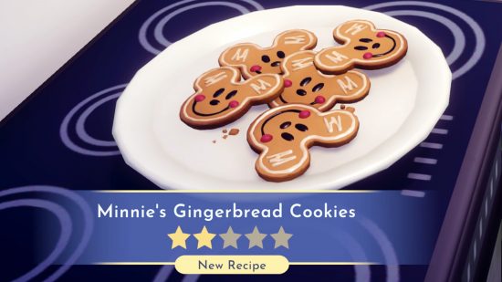Disney Dreamlight Valley recipes: Five of Minnie's Gingerbread Cookies, showing Mickey's smiling face, sit on a plate.