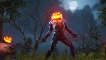Dying Light 2 Halloween event: A volatile wearing a carved, glowing pumpkin on its head roars with a full moon emerging from the clouds in the night sky