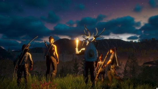 Indie MMORPG Embers Adrift release date: Four adventurers look out over a hillside as the evening deepens, lighting their way with a torch
