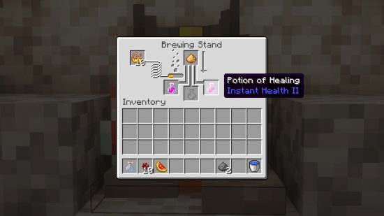 Minecraft potions recipes and brewing guide: Enhanced Minecraft potions recipe - the healing instant health II potion in a brewing stand.
