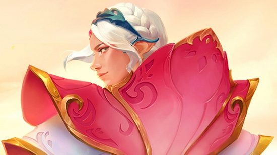 Evercore Heroes is not going to be a MOBA like League of Legends: A woman with a huge floral-looking pink collar and white hair peers over her shoulder to look at the camera