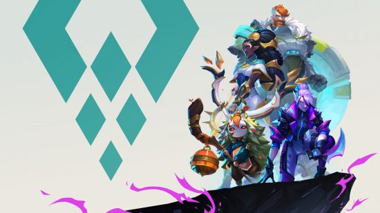 Evercore Heroes is not going to be a MOBA like League of Legends: A group of four heroes stand together on a white background with a diamond to their left