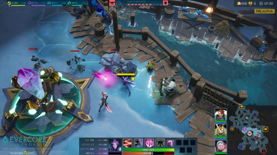 Evercore Heroes ditches the League of Legends MOBA formula for PvE: A group of heroes fighting in a MOBA