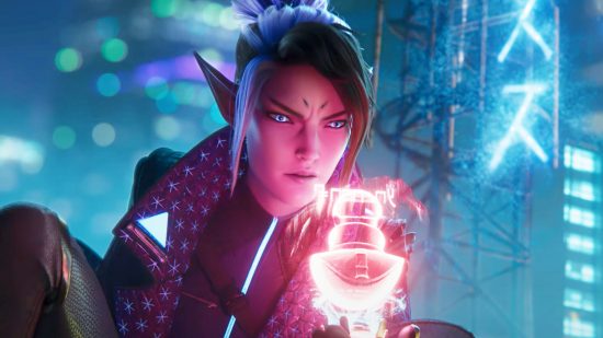 Evercore Heroes is League of Legends meets WoW: An elven woman in a cyberpunk city with purple hair in a bun looks at a hologram