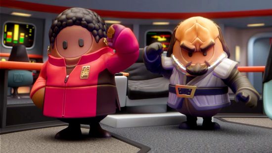 Fall Guys Star Trek crossover: Fall Guys beans dressed as Uhura and Worf pose on the bridge of a Fall Guys Enterprise