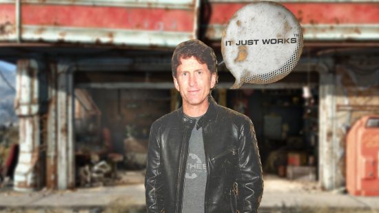 Todd Howard comes to Fallout 4 as a cardboard cutout, because why not: a cardboard cutout of Bethesda's Todd Howard is in the foreground, with a screenshot of Fallout 4 in the background