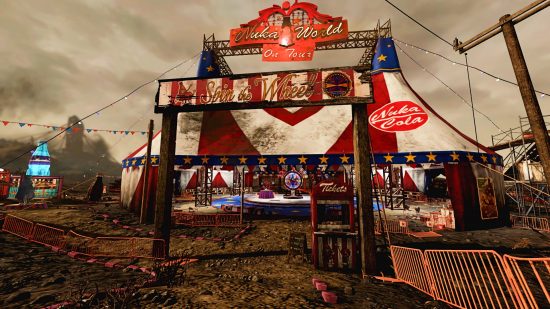 Fallout 76 county fair: The shabby-looking entrance to Nuka-World on tour big top tend, with bent temporary fencing and colourful signs guiding the way inside