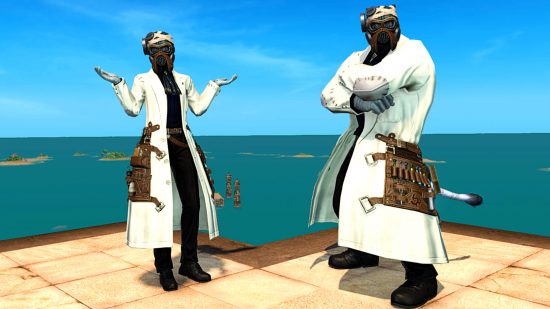 FFXIV All Saints' Wake 2022 - male and female characters wearing the new Wake Doctor's Set, a long white lab coat with brown pouches and a heavy gas mask