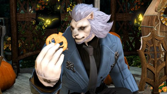 FFXIV All Saints' Wake 2022 - a Hrothgar with long hair holds a pumpkin cookie in one hand, looking at it intently